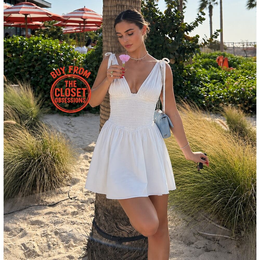 Zara NWT White Smocked Tie Shoulder Cotton Mini Dress L - Picture 3 of 16